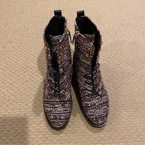 Tory Burch Miller Lug Sole Tweed & Leather Boots New Claret Size 8M NWT ($398)